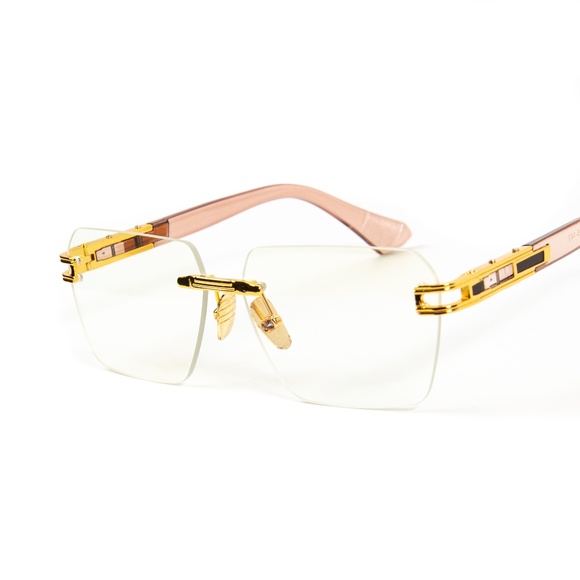 Men's Gold Frame Pink Arm Rimless Vintage Y2K Fashion Clear Lens Glasses - Picture 2 of 5